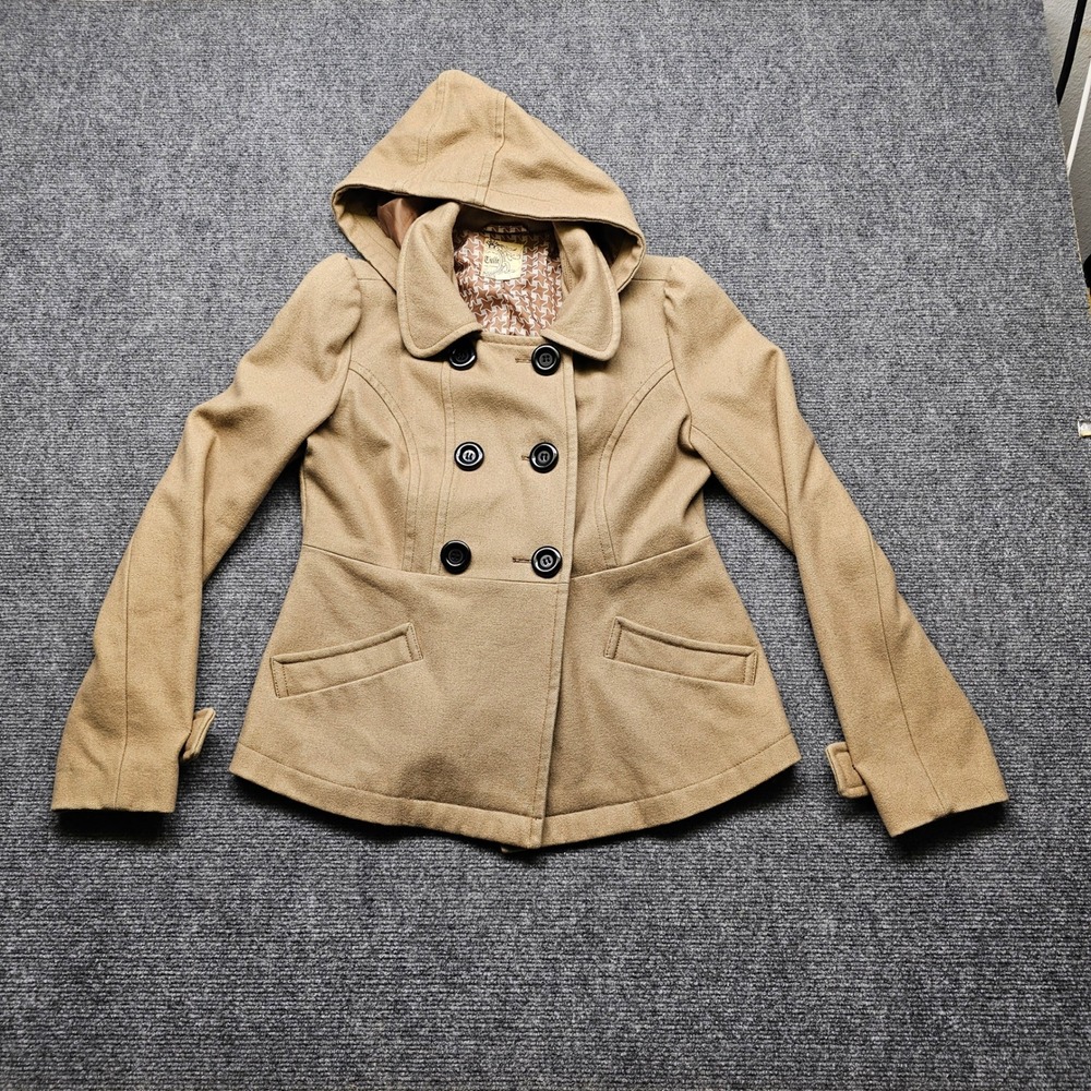Tulle Tan Wool Blend Hooded Pea Coat Jacket Double Breasted Star Lining Small
